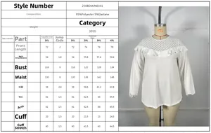 Size chart for women's casual lace long sleeve knit top in various plus size measurements
