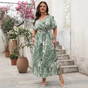 Women's green floral V-neck maxi dress with elastic high waist and side split hem