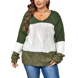 Women's color block V-neck cable knit sweater with green and white striped long sleeves