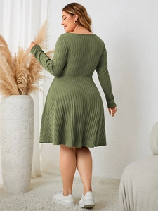 Detailed texture of army green ribbed knit long sleeve dress with elegant square neckline