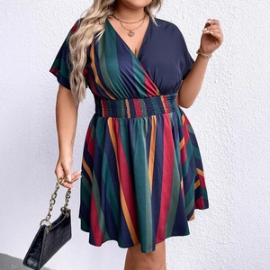 Plus size women's V-neck wrap dress with multi-color vertical stripes and cinched waist