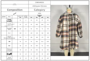 Size chart for plus size women's hooded plaid coat with polyester and cotton fabric detail