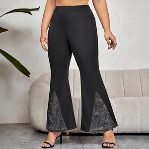 Damen Schlaghose mit hoher Taille in Schwarz und silbernem Pailletten-Schlitz am Saum