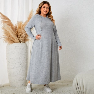 Full-length view of a grey long-sleeved plus size hooded dress with adjustable drawstrings