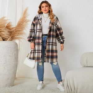 Women's Plus Size Plaid Hooded Jacket Mid Length Cotton Blend Shacket Casual Long Sleeve Buttons Outerwear For Autumn Winter