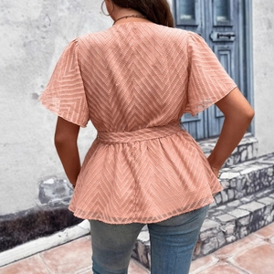 Elegant V-neck apricot peplum blouse with chevron texture and flutter sleeves for women
