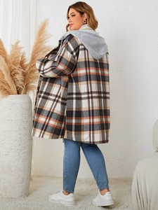 Side view of a long plaid hooded jacket with brown check pattern and a grey hood