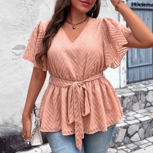 Peach pink V-neck chiffon blouse with textured pattern, ruffle sleeves and waist tie
