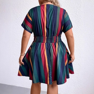 Plus size V-neck striped A-line dress with elastic waist and slimming vertical stripes