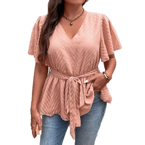 Women's pink V-neck plus size top with wavy texture, ruffle sleeves and waist tie belt