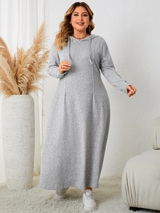 Detail of grey hooded plus size maxi dress with waffle texture and adjustable drawstrings