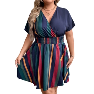 Plus size V-neck striped summer dress with smocked waist and colorful vertical stripes