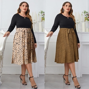 Plus Size Women's Leopard Print Patchwork Long Sleeve Dress Round Neck Keyhole Tie Waist Midi A-Line Dress For Party Daily
