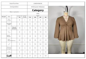 Detailed size chart for plus size V-neck long sleeve top with measurements in centimeters
