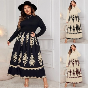 Women Plus Size Maxi Dress Elegant Long Sleeve Mock Neck Ethnic Totem Print Autumn Loose Comfortable Polyester Long Dress
