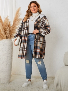 Detail view of women's long plaid hooded jacket with checkered pattern and hood