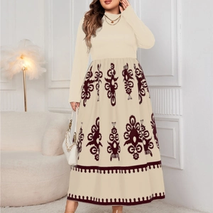 Beige high-neck long-sleeve maxi dress with vintage brown patterns and A-line silhouette