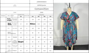 Size chart for V-neck paisley print dress showing measurements from 1XL to 4XL in detail