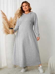 Full length view of light gray long sleeve hooded A-line dress with drawstring detail