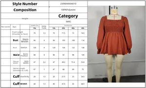 Detailed size chart for women's plus size puff sleeve blouse in rust red with smocked chest