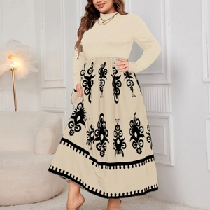 Elegant beige high-waist maxi dress with black vintage print and long sleeves