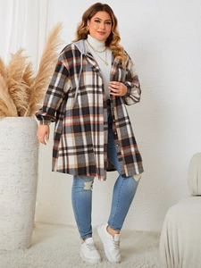 Plaid hooded shirt jacket for women with grey hood and button-down front details