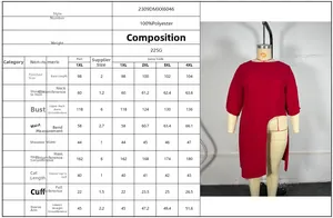 Tableau des tailles pour t-shirt grande taille femme rouge avec mesures détaillées