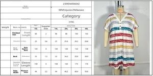 Detailed size chart for striped V-neck plus size dress showing measurements 1XL to 4XL