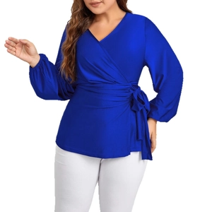 Haut cache-cœur bleu roi grande taille avec col en V et ceinture nouée élégante