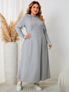 Full view of a grey long-sleeved plus size hooded dress with drawstring and flared skirt