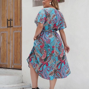 Detail view of the back and side of a blue paisley print dress on a plus size model outdoors