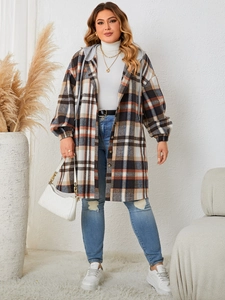 Women plaid hooded coat with long sleeves styled with blue jeans and a white handbag