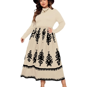 Elegant plus size high waist long sleeve dress with black floral print on beige background