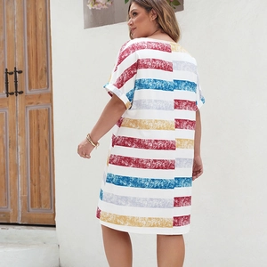 Detail view showing colorful horizontal stripes and relaxed fit of the plus size dress