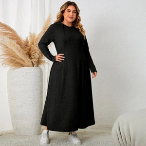 Detail of plus size black hooded maxi dress with long sleeves and drawstring neckline