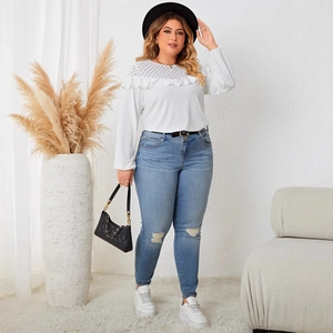 Women's white waffle knit top with lace trim and hollow out details for autumn casual style