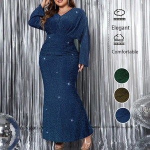 Women Plus Size V Neck Long Sleeve Sparkly Sequin Maxi Evening Dress Elegant Glitter Fishtail Party Gown For Wedding Guest