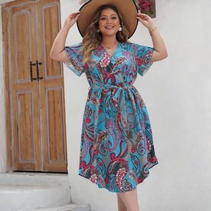Elegant sky blue paisley V-neck summer dress with lantern sleeves and waist tie belt