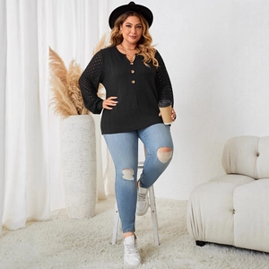 Women's plus size black V-neck top with button detail and lace hollow sleeves
