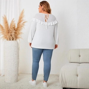 Plus size white long sleeve knit top with lace hollow out back and tie ribbon detail