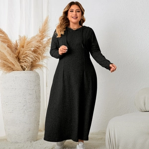 Plus size women black long sleeve hooded maxi dress with drawstring in minimalist style
