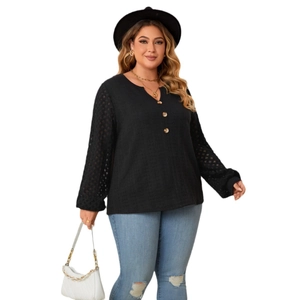 Women's plus size black V-neck long sleeve top with lace stitching and button detail