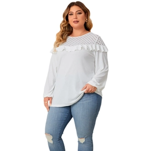 Elegant white long sleeve knit top with lace hollow out neckline and ruffle details