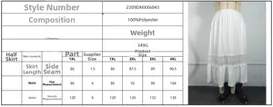 Size chart detail for high-waisted hollow-out skirt with 100% polyester material specifications