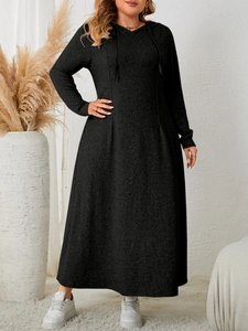Close-up of black plus size hooded maxi dress featuring soft knit fabric and waist tie