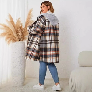 Women plus size plaid long coat with light grey hood in black and orange checkered pattern