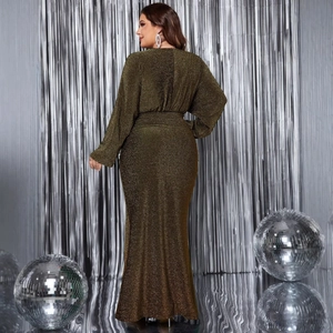 Sparkling dark bronze V-neck long sleeve evening gown with sequined texture and mermaid cut