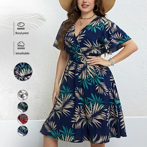 Women's Plus Size Tropical Palm Leaf Print Dress Flutter Sleeve V Neck Smocked High Waist Vacation Summer Midi A-Line Dress
