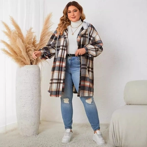 Women's plus size long plaid hooded jacket with ripped jeans and white sneakers set