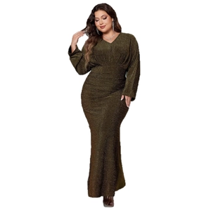 Deep olive green V-neck long sleeve evening gown with shimmering sequin fishtail silhouette